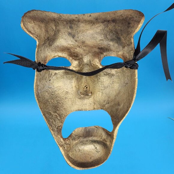 Vintage 1970s Brass Tragedy Death Mask Wall Art Gothic Theater Drama Prop Ribbon - Picture 8 of 8